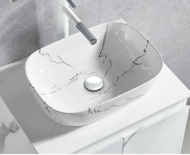 NC-7820-BTM | Ceramic Art Basin - White Marble Design with Black Lines