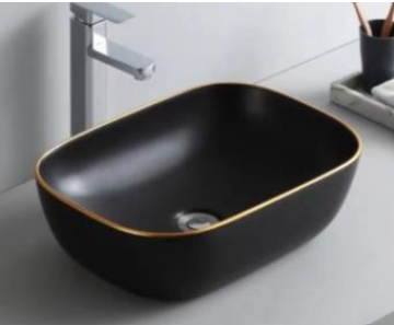 NC-7820-MBG | Ceramic Art Basin - Matt Black with Gold Trim Design