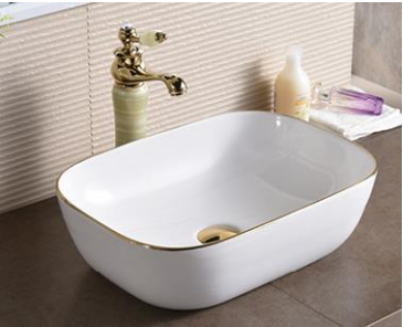 NC-7820-WG | Ceramic Art Basin - White with Gold Trim Design