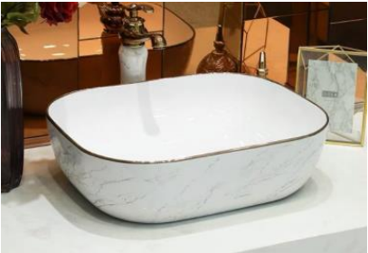 NC-7820-WGM | Ceramic Art Basin - White Marble with Gold Trim Design