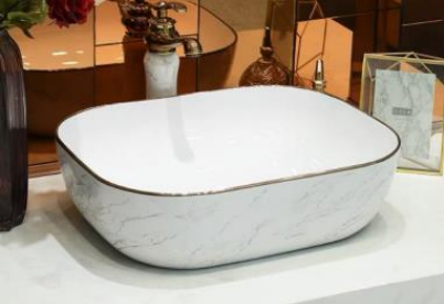 NC-7850-WGM | Ceramic Art Basin - White Marble with Gold Trim Design