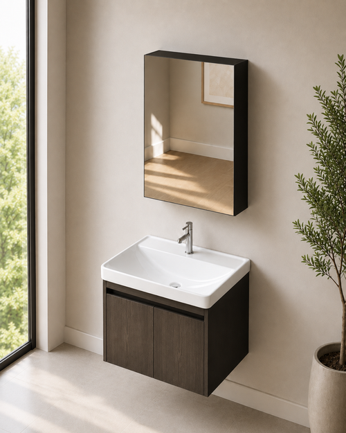 Brown Walnut 600mm Vanity Cabinet Set with Insert Basin and Mirror Cabinet - ThatRenoStore
