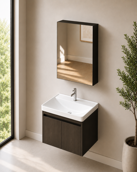 Dark Oak 600mm Vanity Cabinet Set with Insert Basin and Mirror Cabinet - ThatRenoStore
