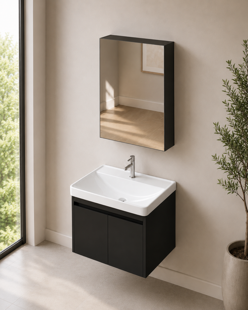Galaxy Black 600mm Vanity Cabinet Set with Insert Basin and Mirror Cabinet - ThatRenoStore