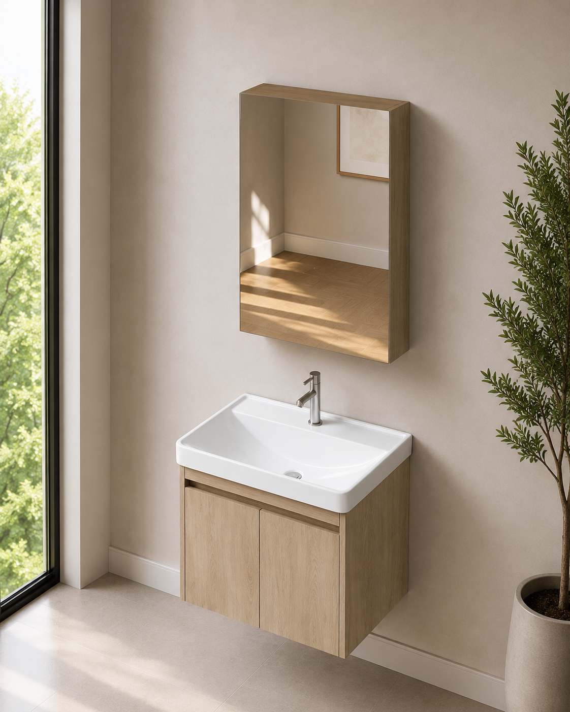Light Oak 600mm Vanity Cabinet Set with Insert Basin and Mirror Cabinet - ThatRenoStore