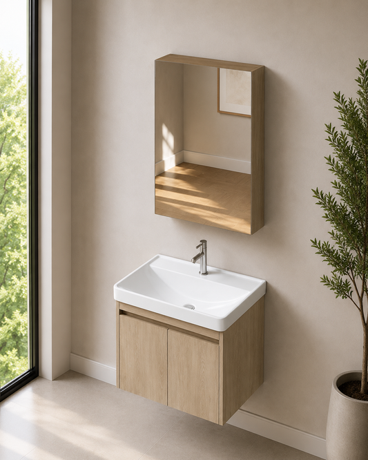 Light Oak 600mm Vanity Cabinet Set with Insert Basin and Mirror Cabinet - ThatRenoStore