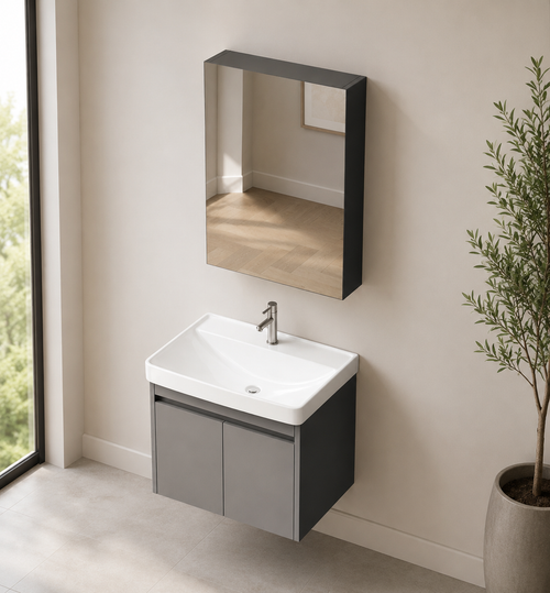 Matte Grey 600mm Vanity Cabinet Set with Insert Basin and Mirror Cabinet - ThatRenoStore