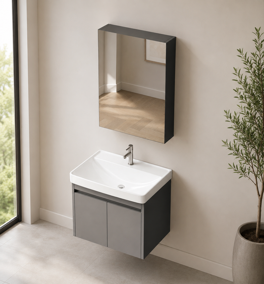 Matte Grey 600mm Vanity Cabinet Set with Insert Basin and Mirror Cabinet - ThatRenoStore
