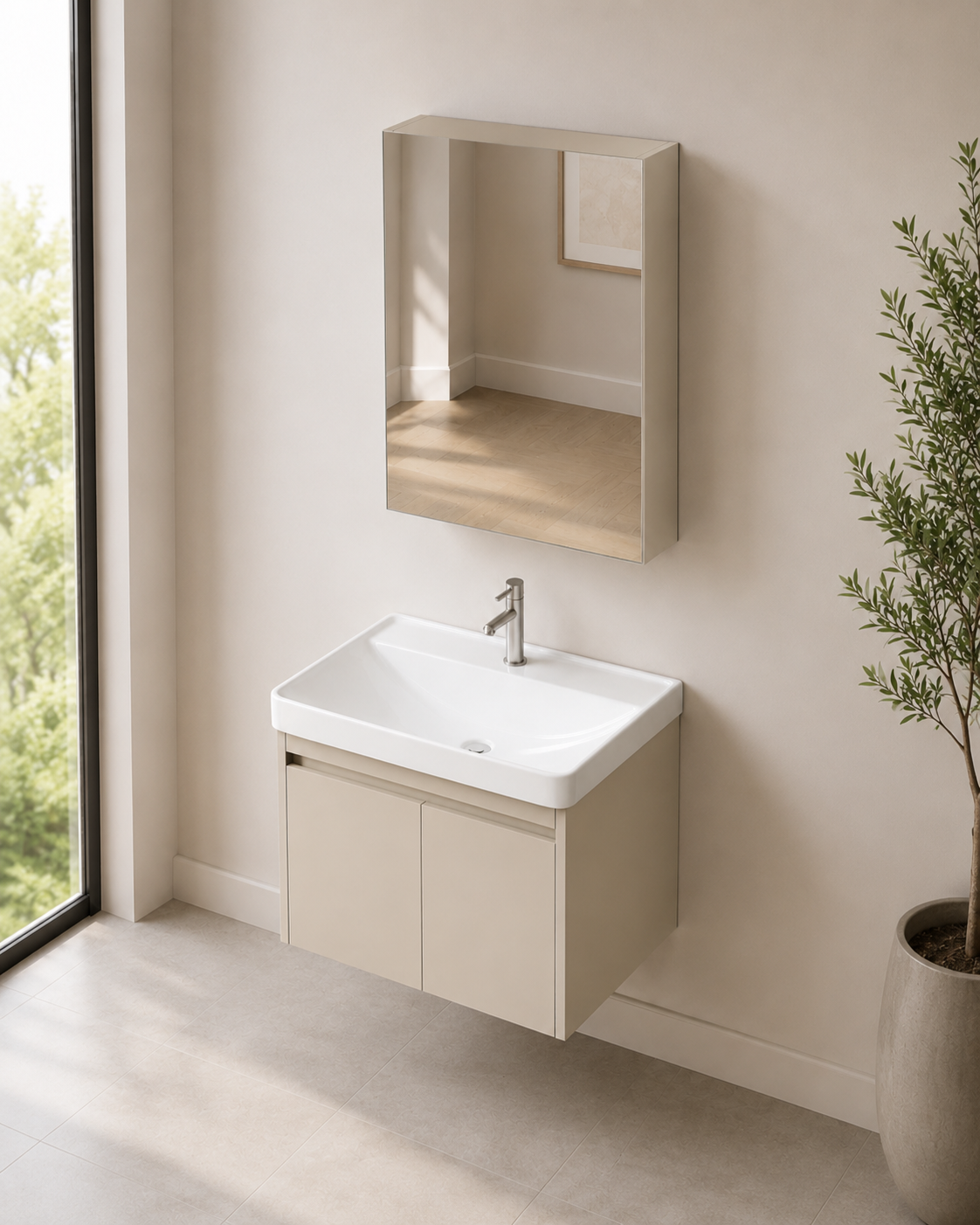 Minimalist Beige 600mm Vanity Cabinet Set with Insert Basin and Mirror Cabinet - ThatRenoStore