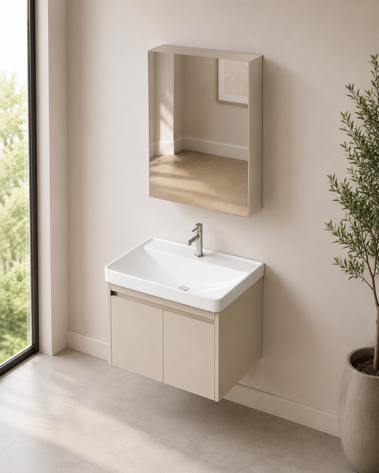 Minimalist Beige 600mm Vanity Cabinet Set with Insert Basin and Mirror Cabinet - ThatRenoStore