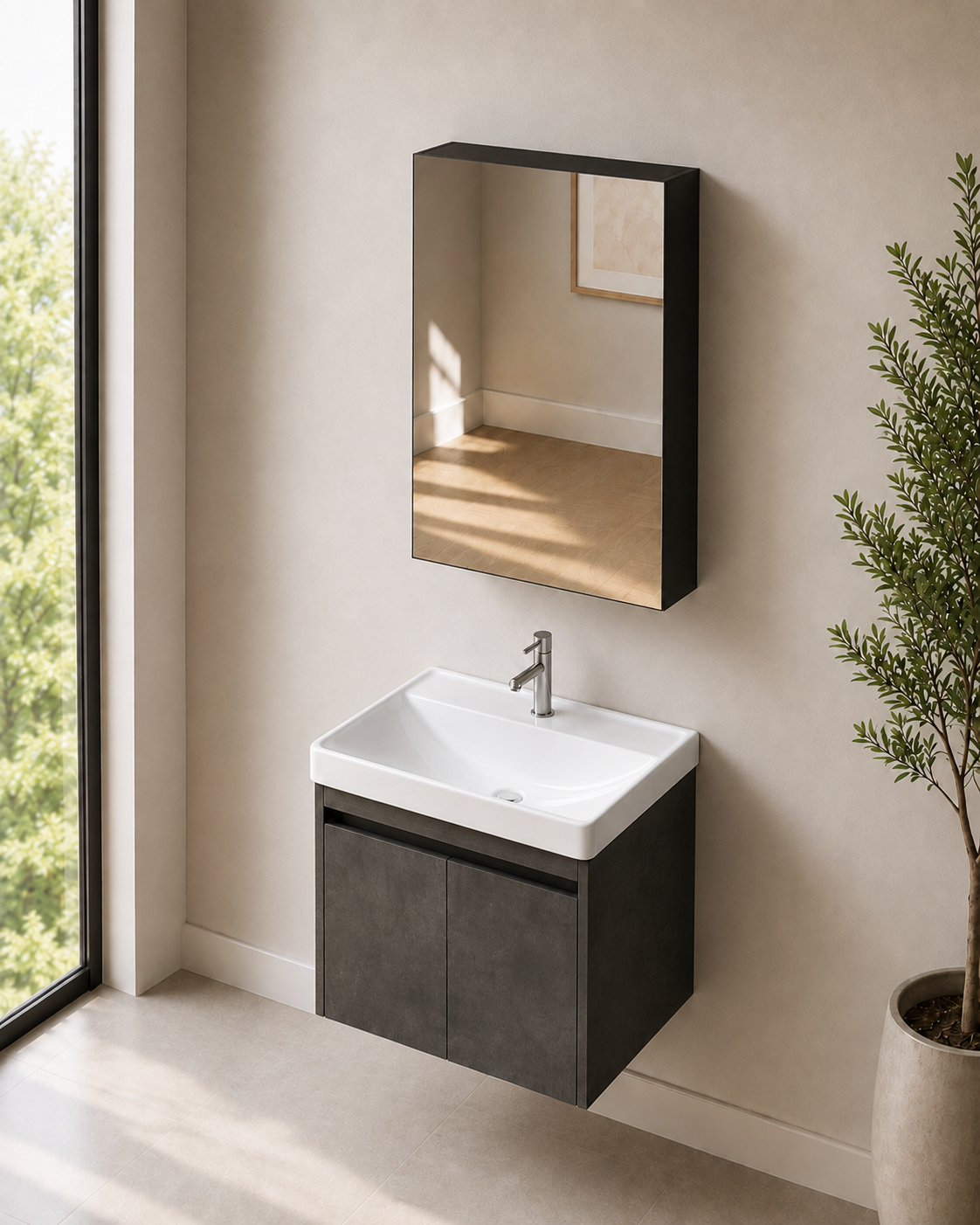 Smokey Grey 600mm Vanity Cabinet Set with Insert Basin and Mirror Cabinet - ThatRenoStore