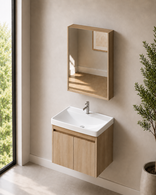 Wood Grain 600mm Vanity Cabinet Set with Insert Basin and Mirror Cabinet - ThatRenoStore